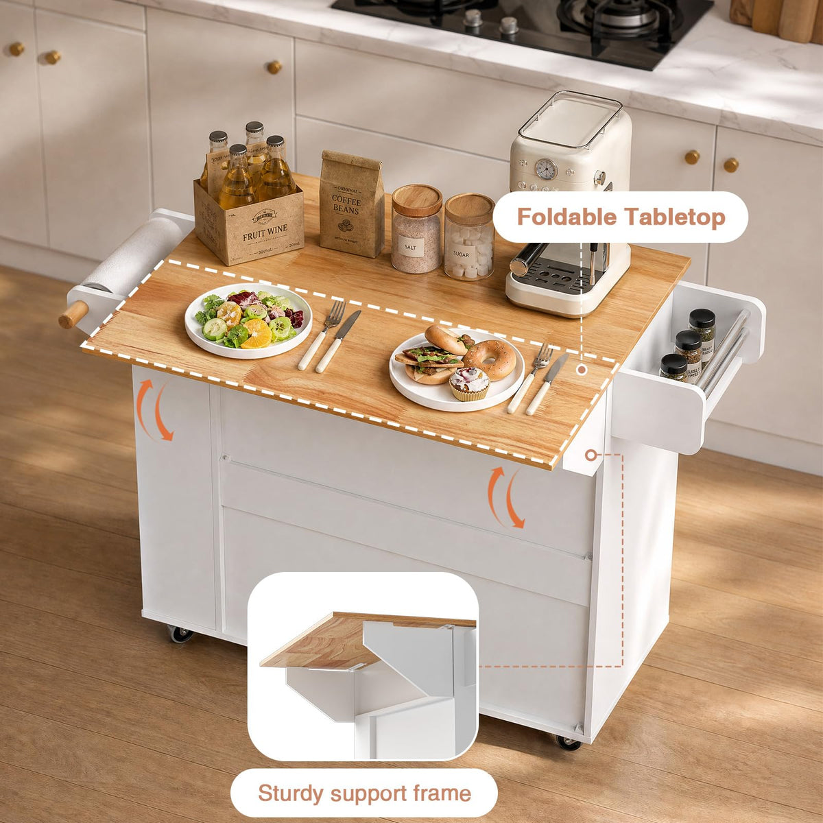 Yvsevnr Kitchen Island with Drawers on Wheels, Rolling Kitchen Island Cart with Towel & Spice Rack, Drop Leaf - image 3