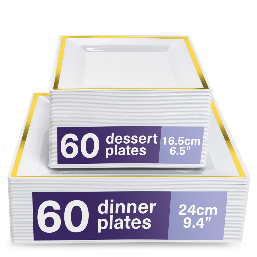 MATANA 120-Piece White Square Plastic Plates with Gold Rim for Parties