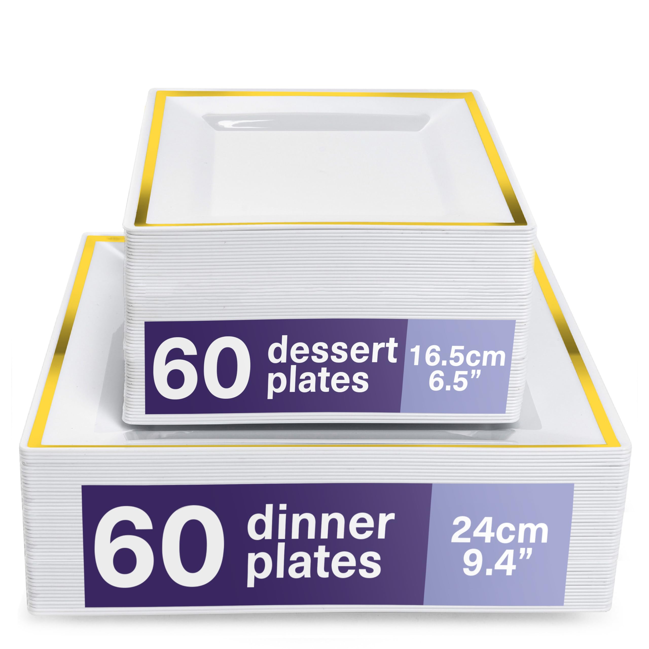 MATANA 120-Piece White Square Plastic Plates with Gold Rim for Parties