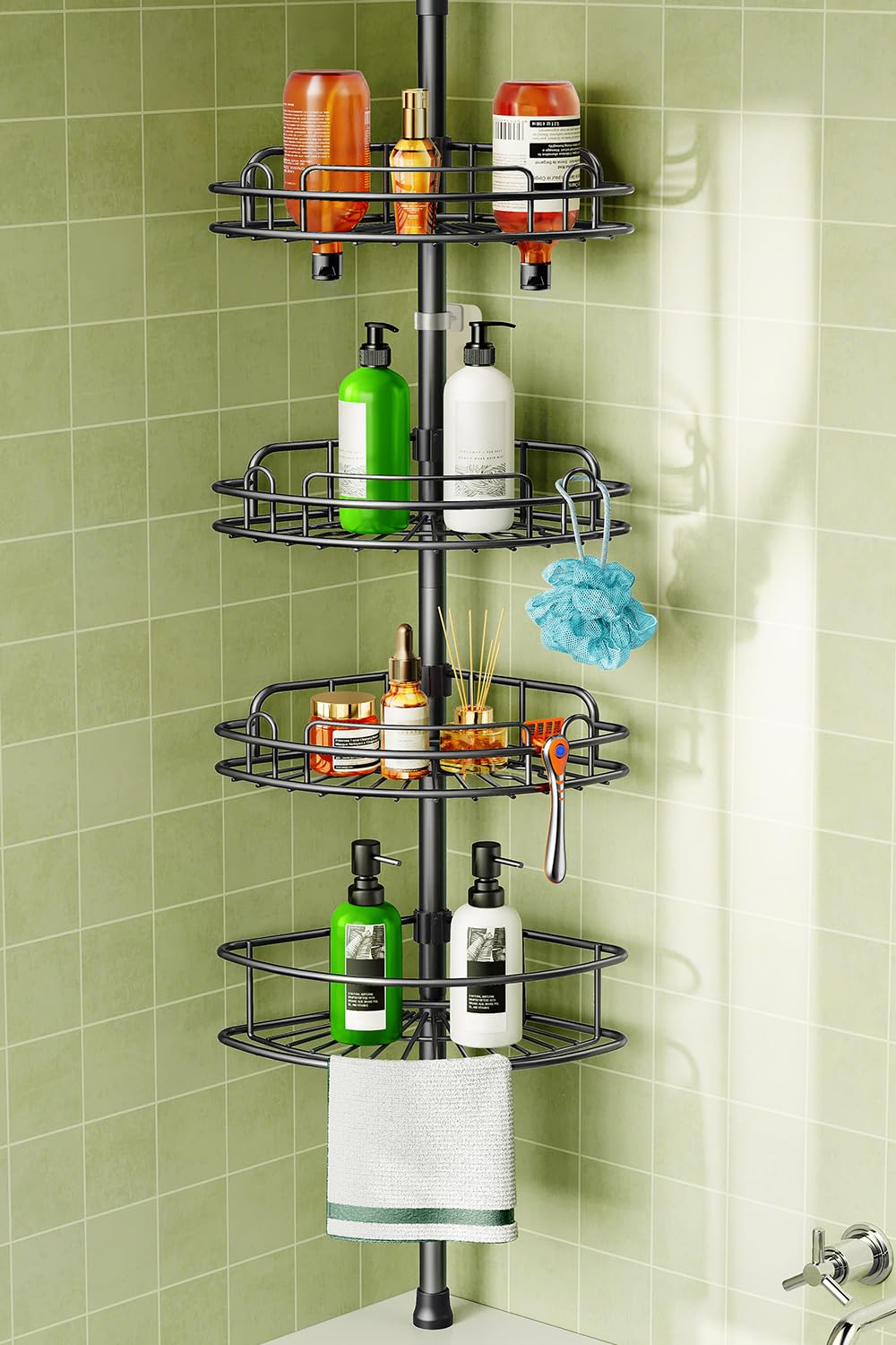 HAMITOR Corner Shower Caddy – 4-Tier Stainless Steel Tension Pole Shelf