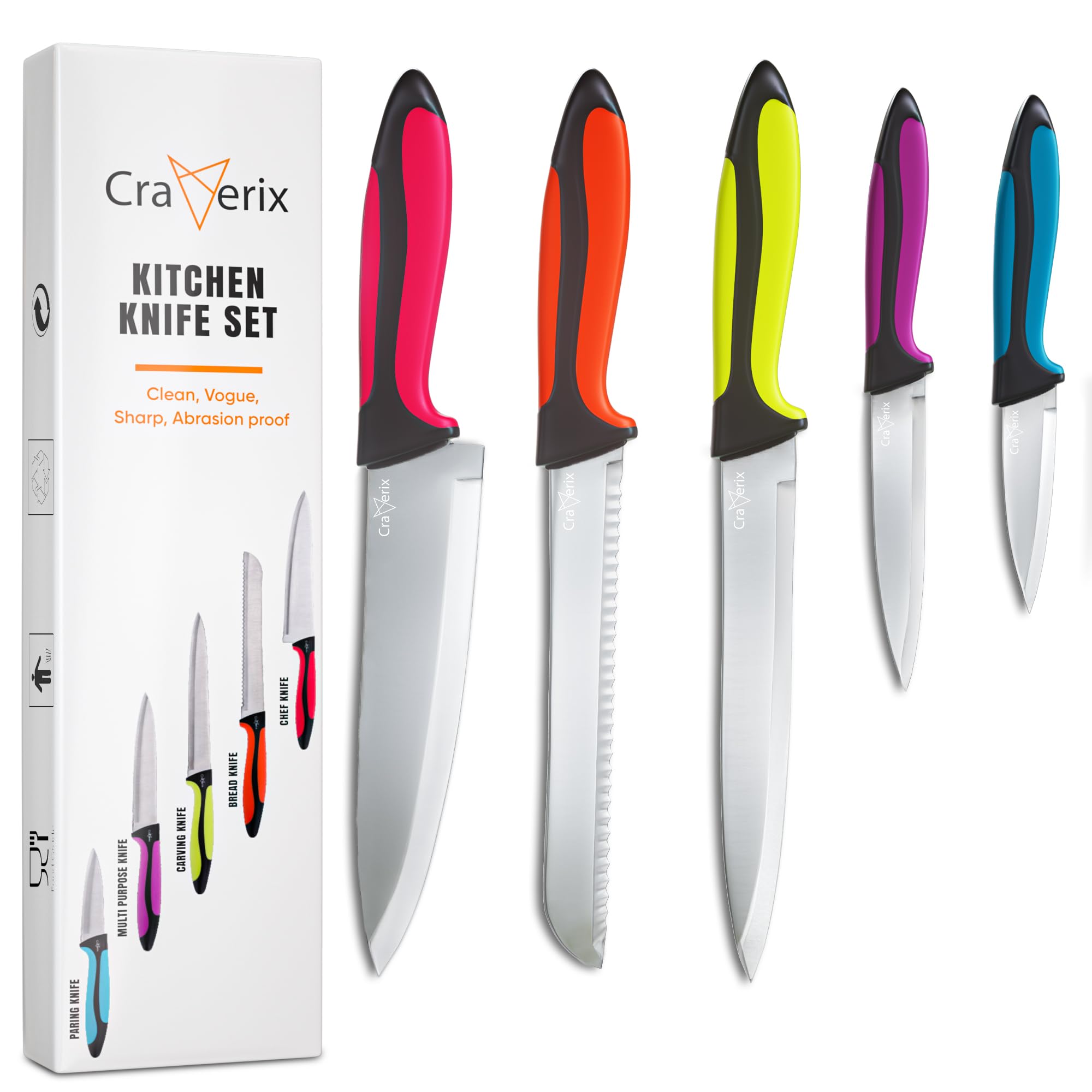 Craverix 5-Piece Kitchen Knife Set | Stainless Steel with Colored Handles