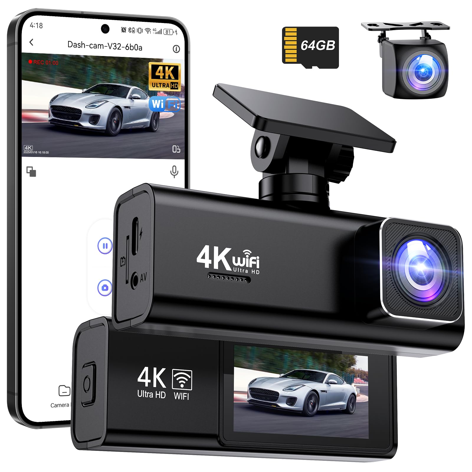 SAVUSCAM 4K WiFi Dash Cam Front and Rear – Dual Car Camera with 64GB SD