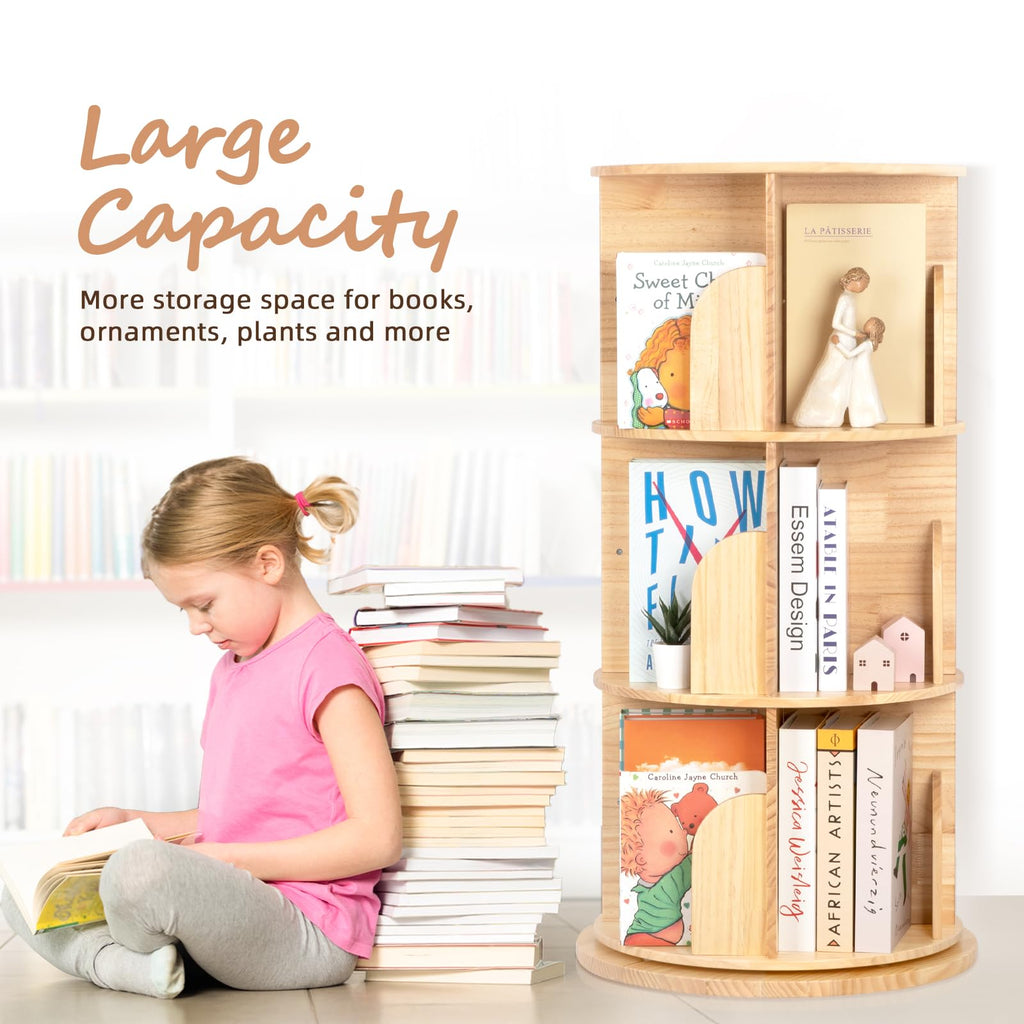 OOOK Solid Wood Rotating Bookshelf, 360 Degree 3 Tier Children's Revolving Bookcase, Kids Bookshelf for Small Space, Kids Room, Study, Nursery - image 5