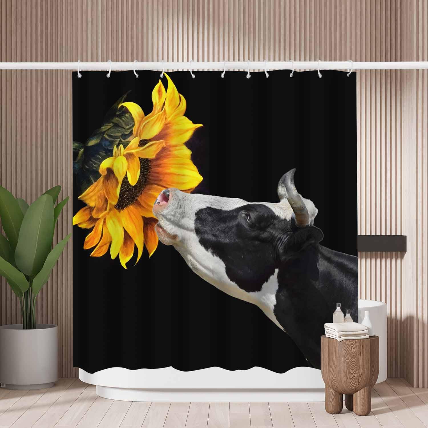 Woutay Cow Sunflower Shower Curtain | Mold Resistant Waterproof Polyester