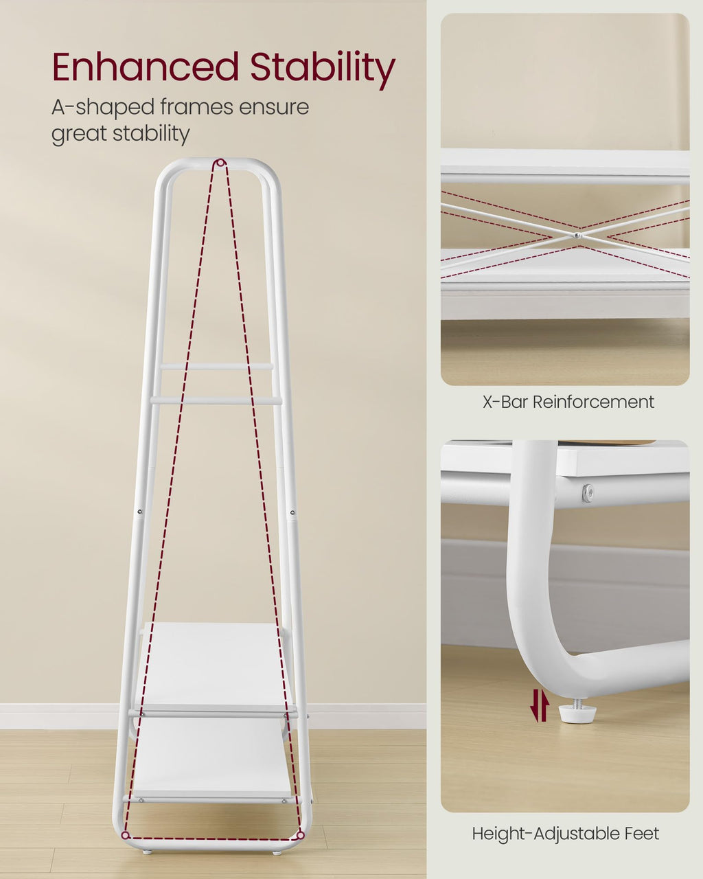 VASAGLE Clothes Rail | Steel Garment Rack with 2 Shelves | Cloud White