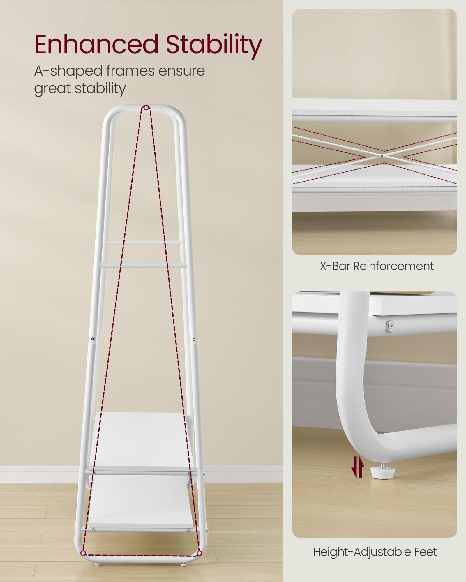 VASAGLE Clothes Rail | Steel Garment Rack with 2 Shelves | Cloud White