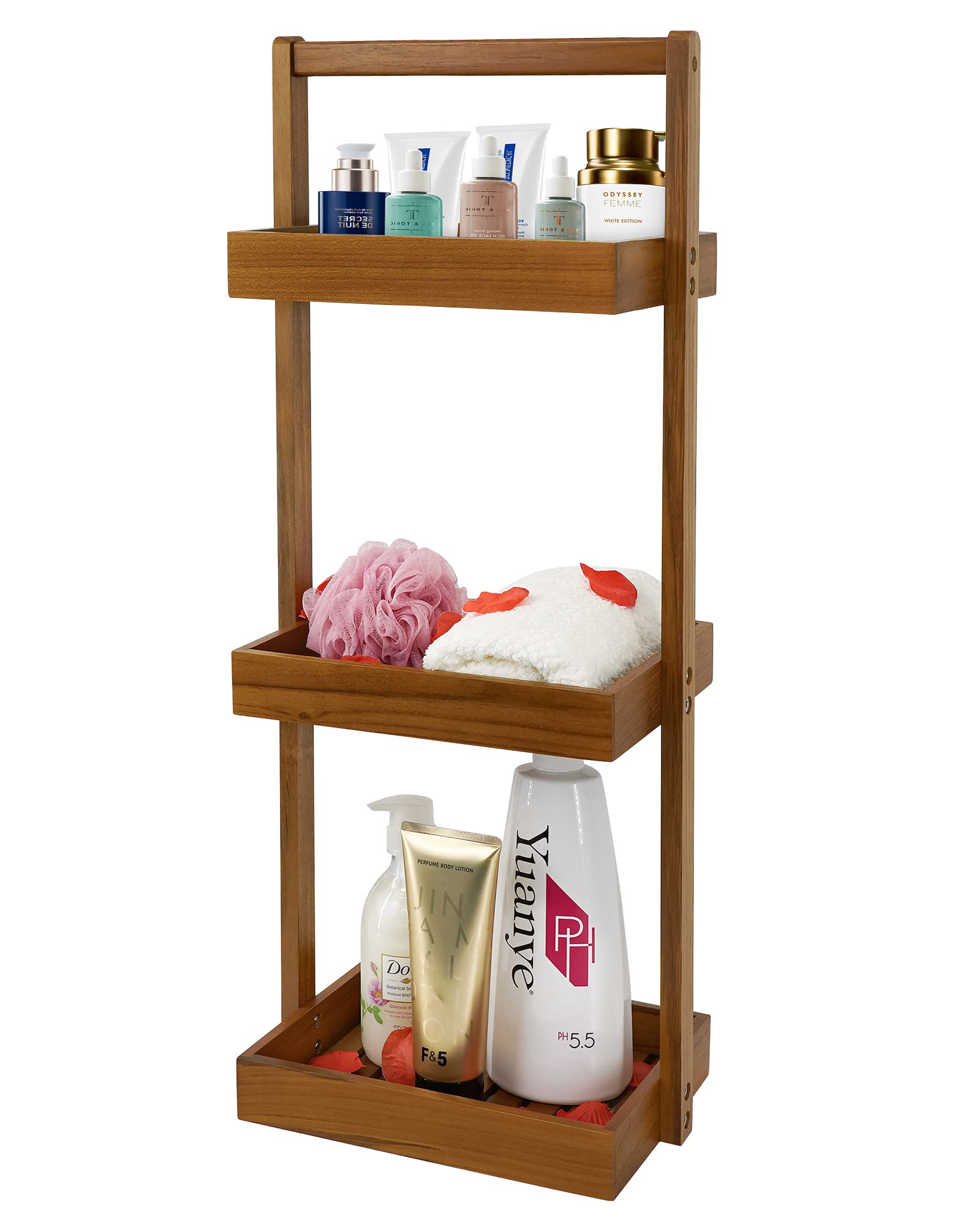 Utoplike Teak Shower Caddy Corner - 3 Tier Standing Wooden Storage Shelf