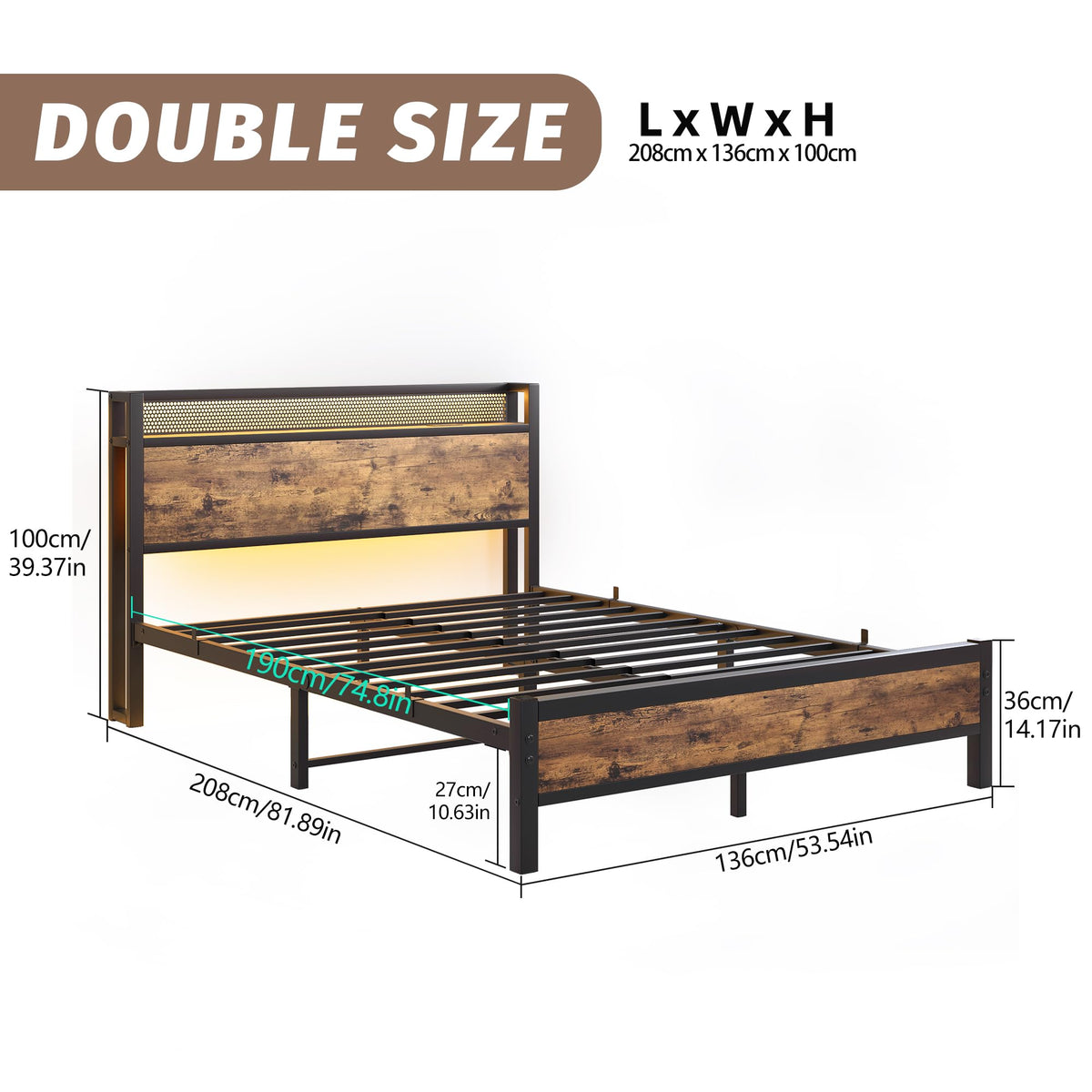 Diahomy 4ft6 Double Bed Frame with LED Lights&Charging Station,Brown - image 2
