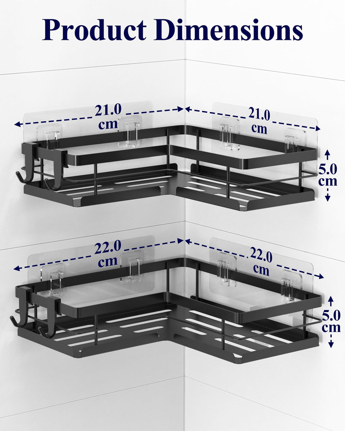 Kitsure Corner Shower Caddy – 2-Pack Adhesive Bathroom Shelves, Black, L
