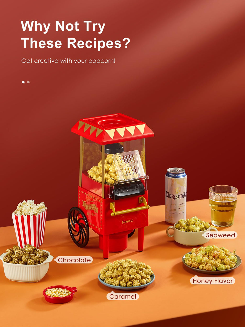 Reemix 1200W Hot Air Popcorn Maker – Oil-Free Electric Machine, White
