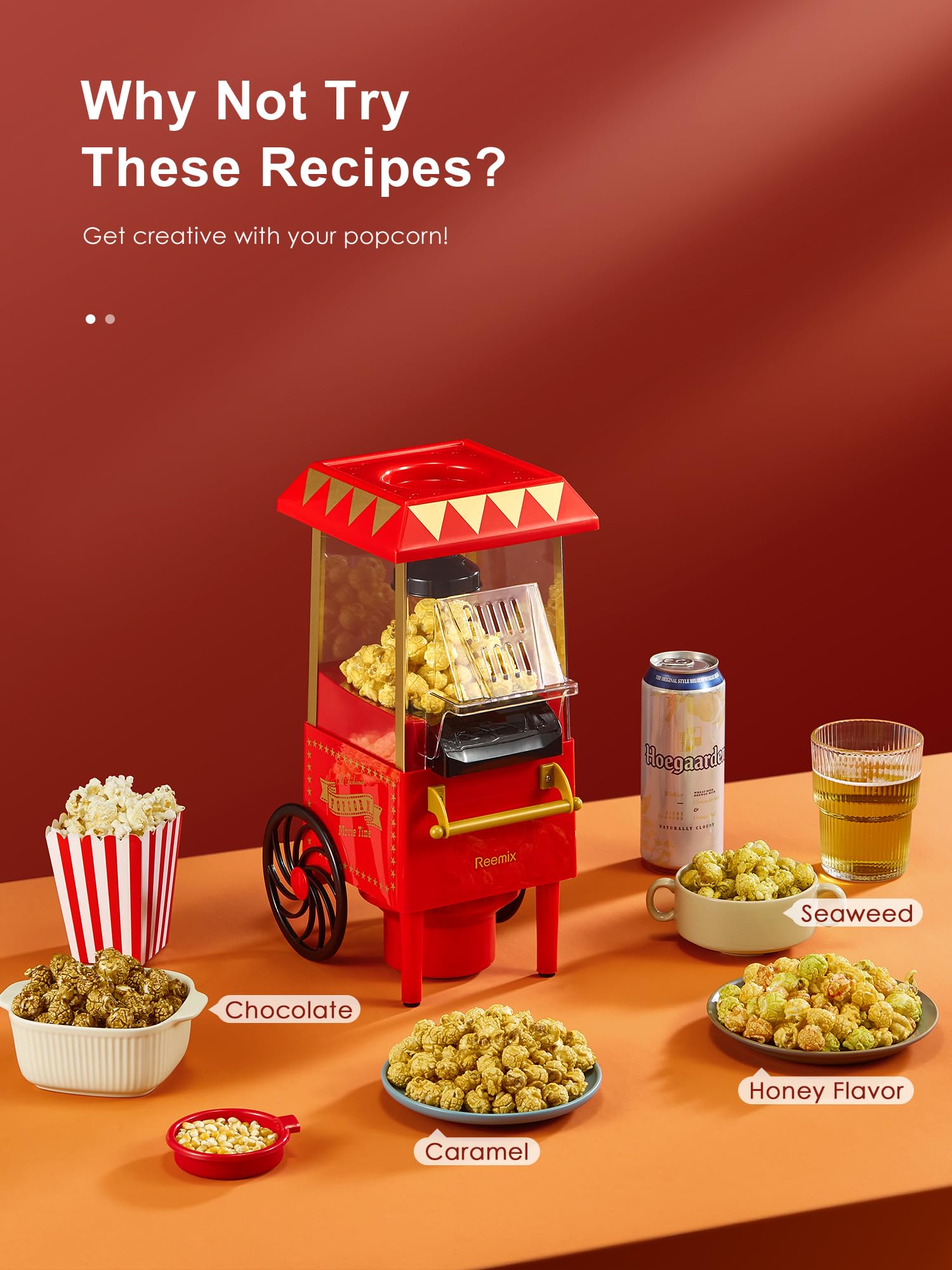 Reemix 1200W Hot Air Popcorn Maker – Oil-Free Electric Machine, White