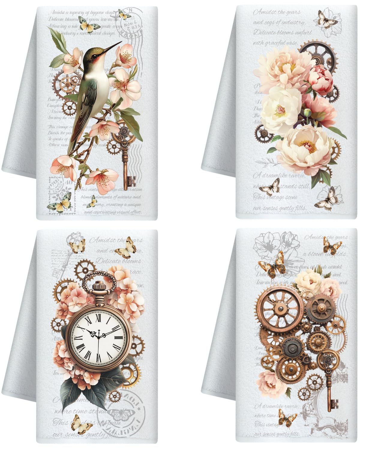 CUTHOLLOW Vintage Gear & Flower Microfiber Kitchen Towels – Set of 4