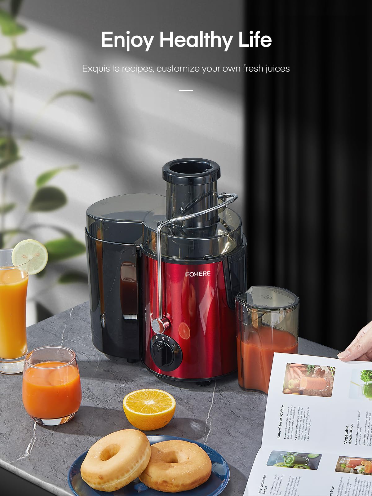 FOHERE Centrifugal Juicer Extractor – 3 Inch Feed Chute, 3-Speed, Red