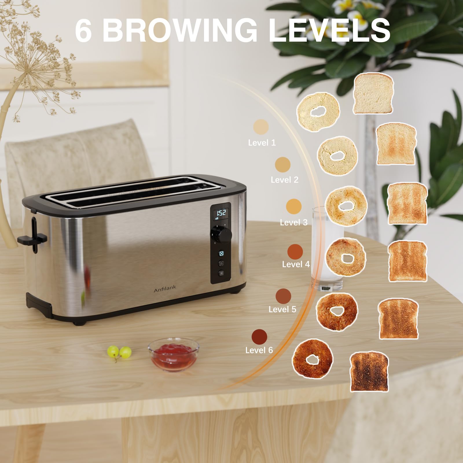 Anfilank 4 Slice Toaster – Stainless Steel with Digital Timer & Rack