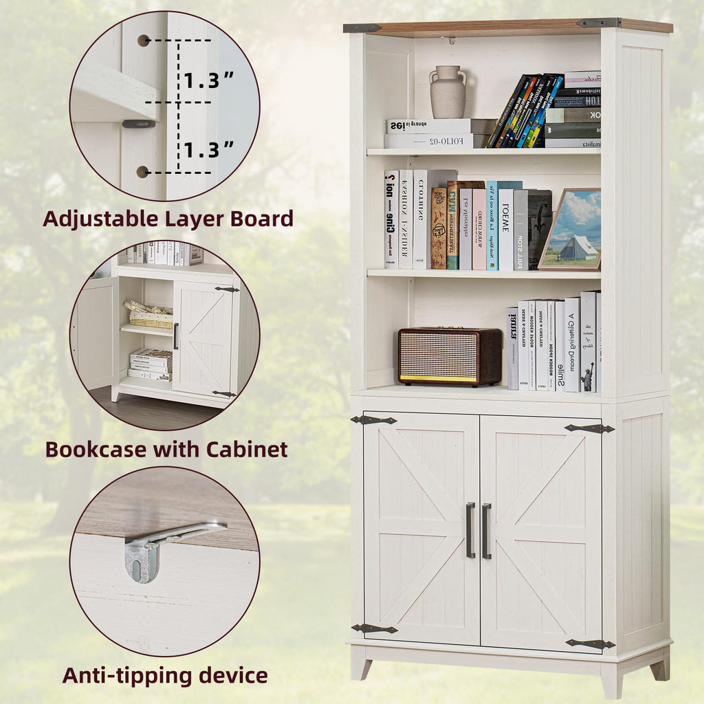 LELELINKY 70in Tall Bookshelf 5 Tier Bookcase with Barn Doors and Adjustable Shelves, White Farmhouse Book Shelf with Storage Cabinet - image 2
