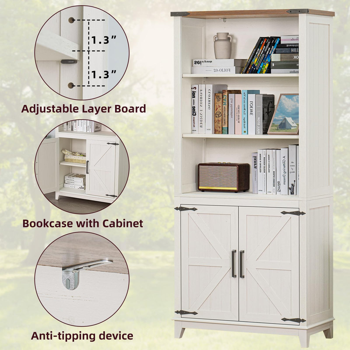 LELELINKY 70in Tall Bookshelf 5 Tier Bookcase with Barn Doors and Adjustable Shelves, White Farmhouse Book Shelf with Storage Cabinet - image 2