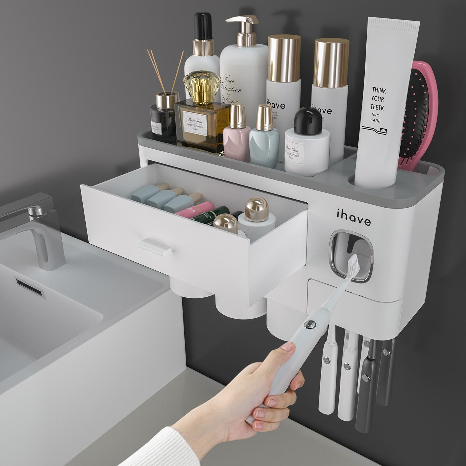 iHave Wall Mounted Toothbrush Holder with Toothpaste Dispenser & 3 Cups