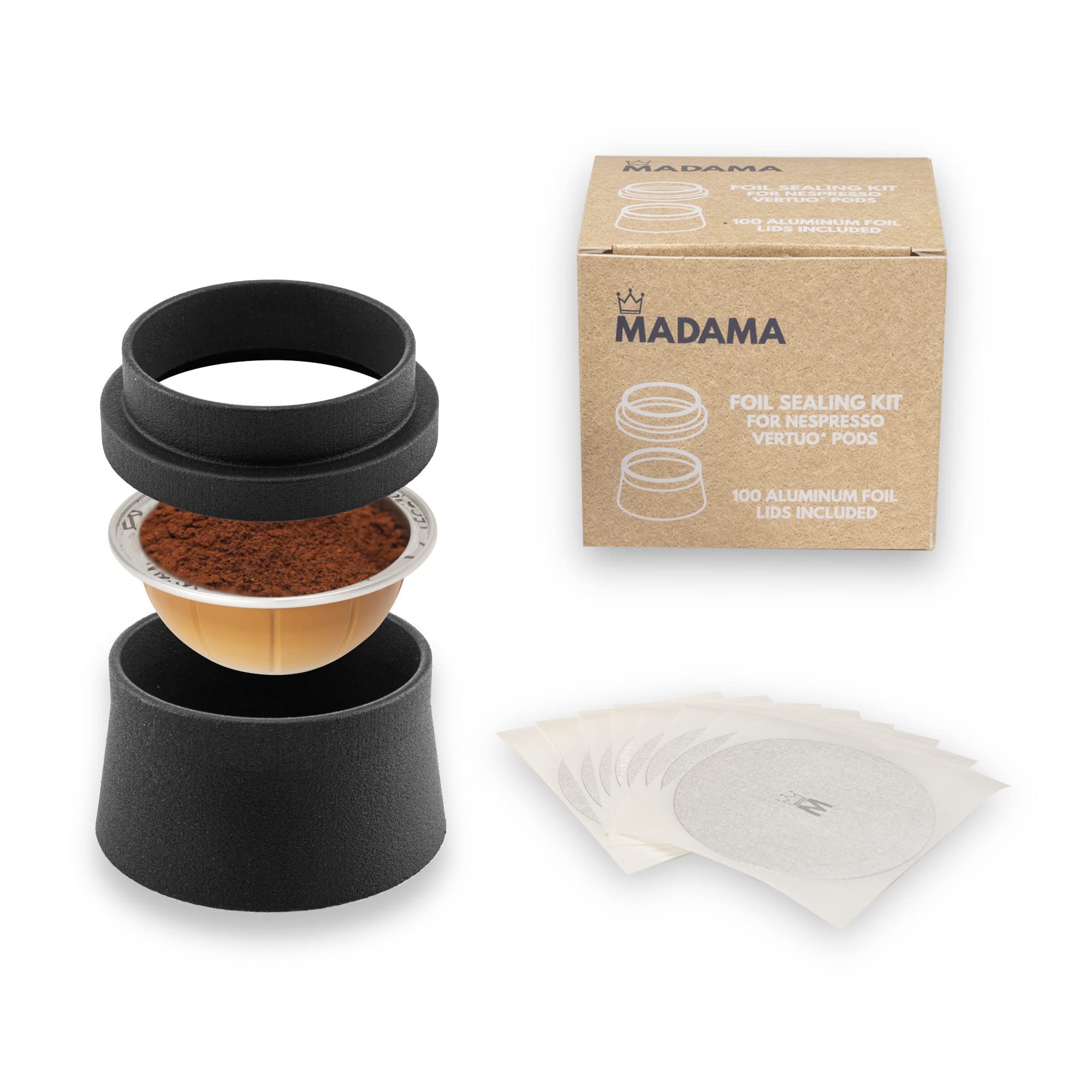 Madama Refillable Capsule Kit for Nespresso Vertuo | 100 Aluminum Lids