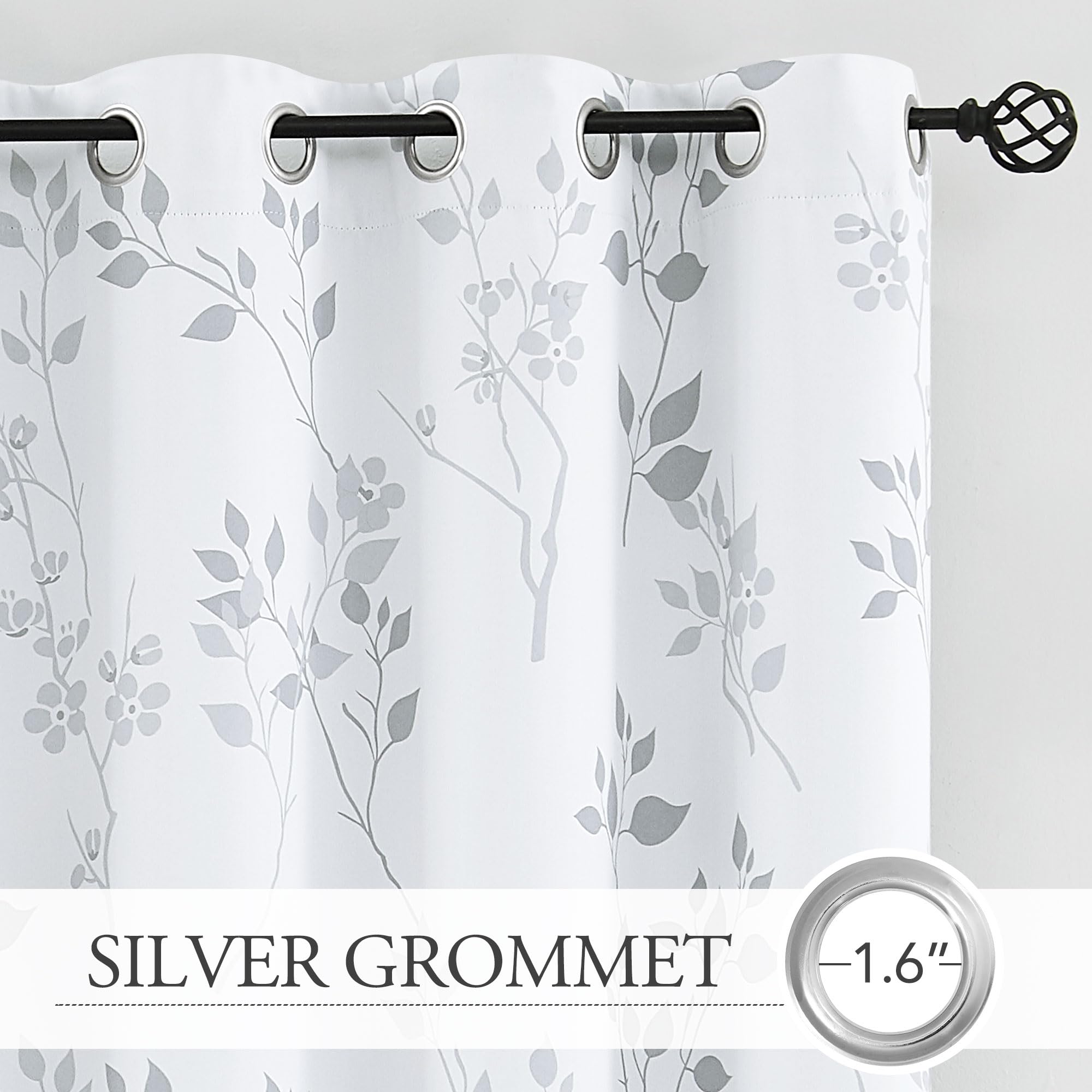 Beauoop Grey Floral Blackout Curtains | Thermal Insulated 90 Inch Drapes