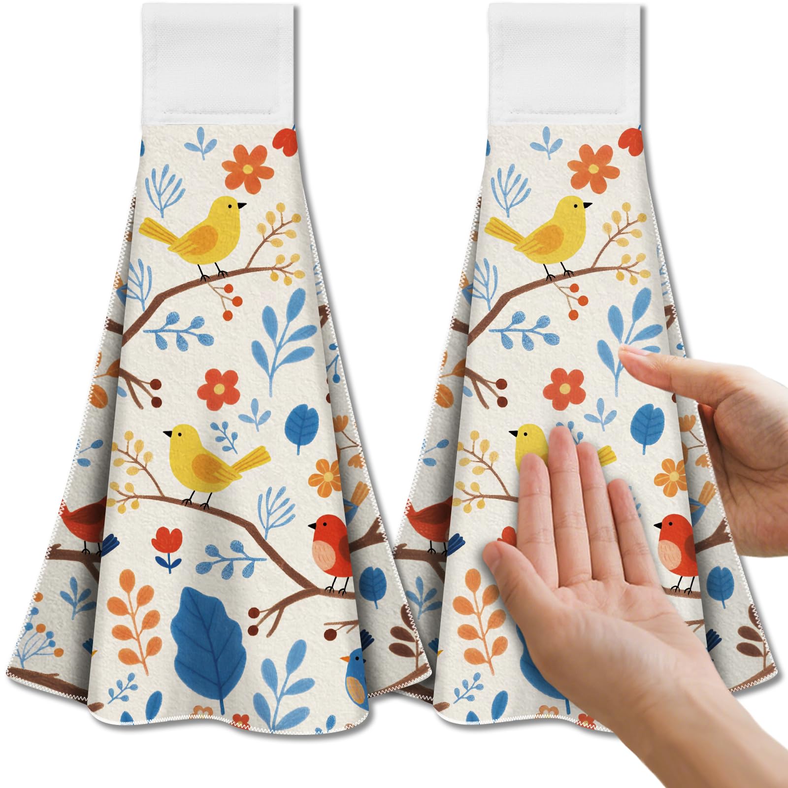 CUTHOLLOW Hanging Kitchen Towels - Set of 2 Microfiber Flower & Bird Dish Towels