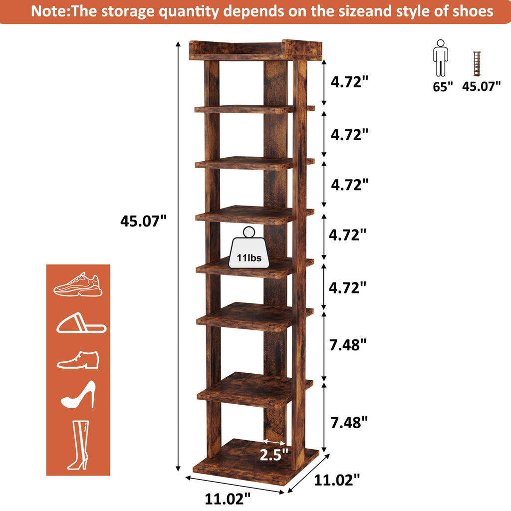 HOME BI 7-Tier Narrow Shoe Rack – Slim Wooden Corner Storage, Rustic Brown