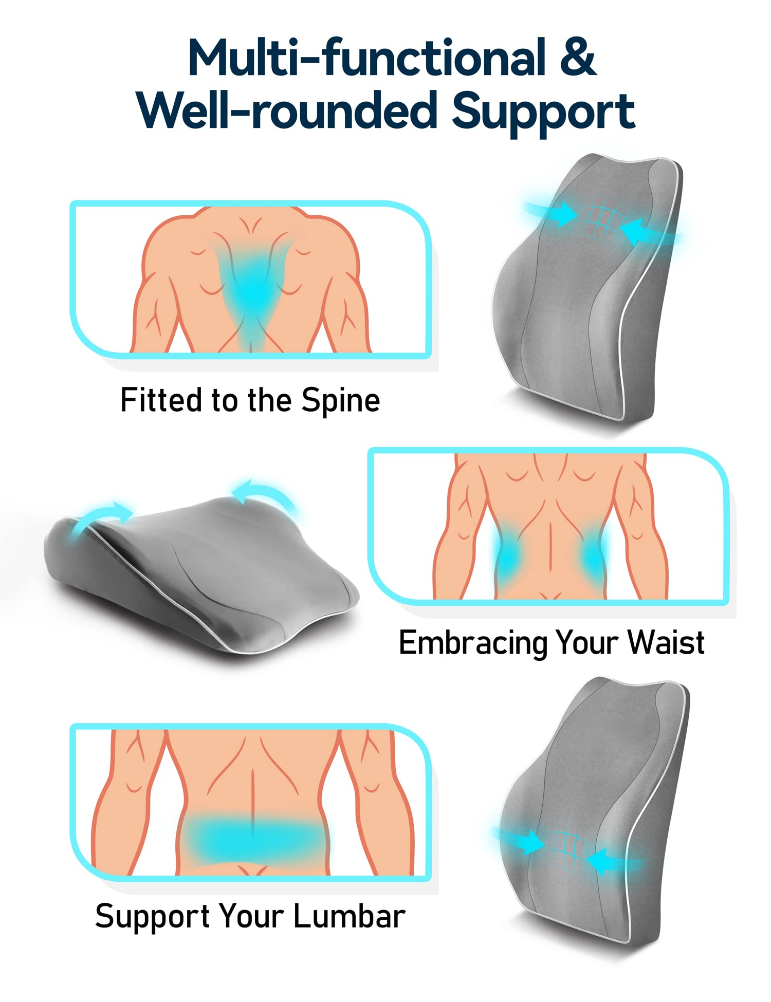 Travel Ease Memory Foam Lumbar Support Cushion for Office Chairs - Grey
