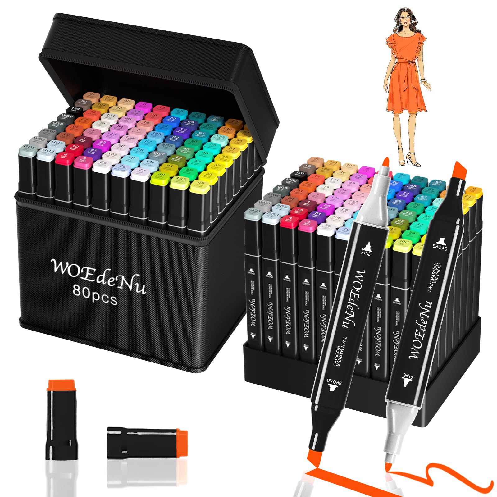 WOEDENU 80 Colours Alcohol Markers Set | Dual Tip Art Pens with Case