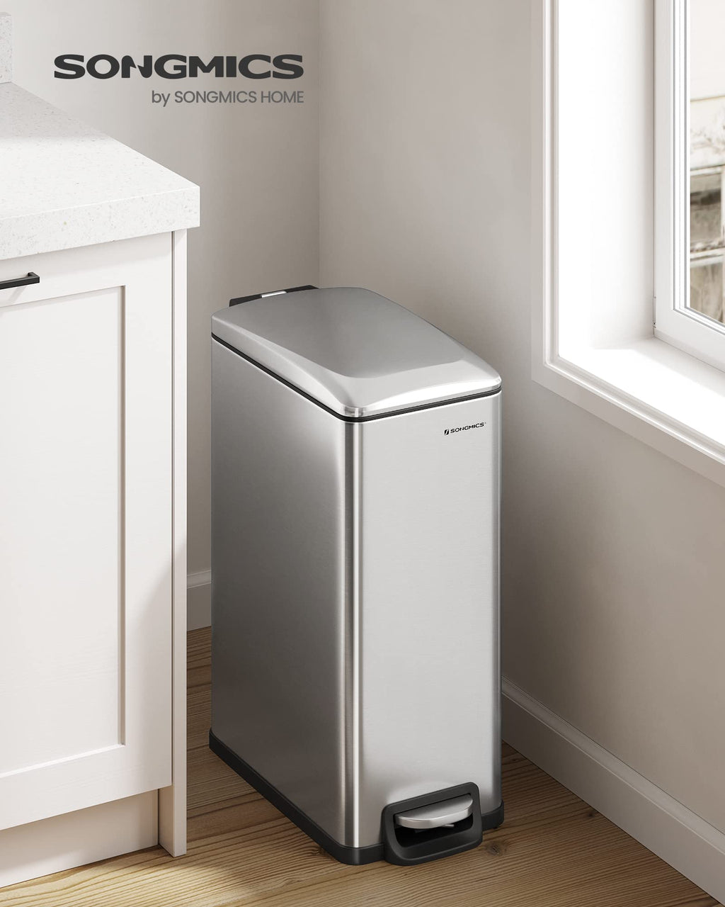 SONGMICS 48L Slim Kitchen Bin | Stainless Steel Soft-Close Pedal Bin