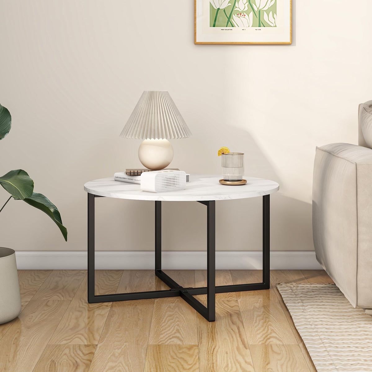 BOFENG Round Coffee Table Tea Table End Table Sofa Table for Living Room with Metal Legs,Black+White - image 2