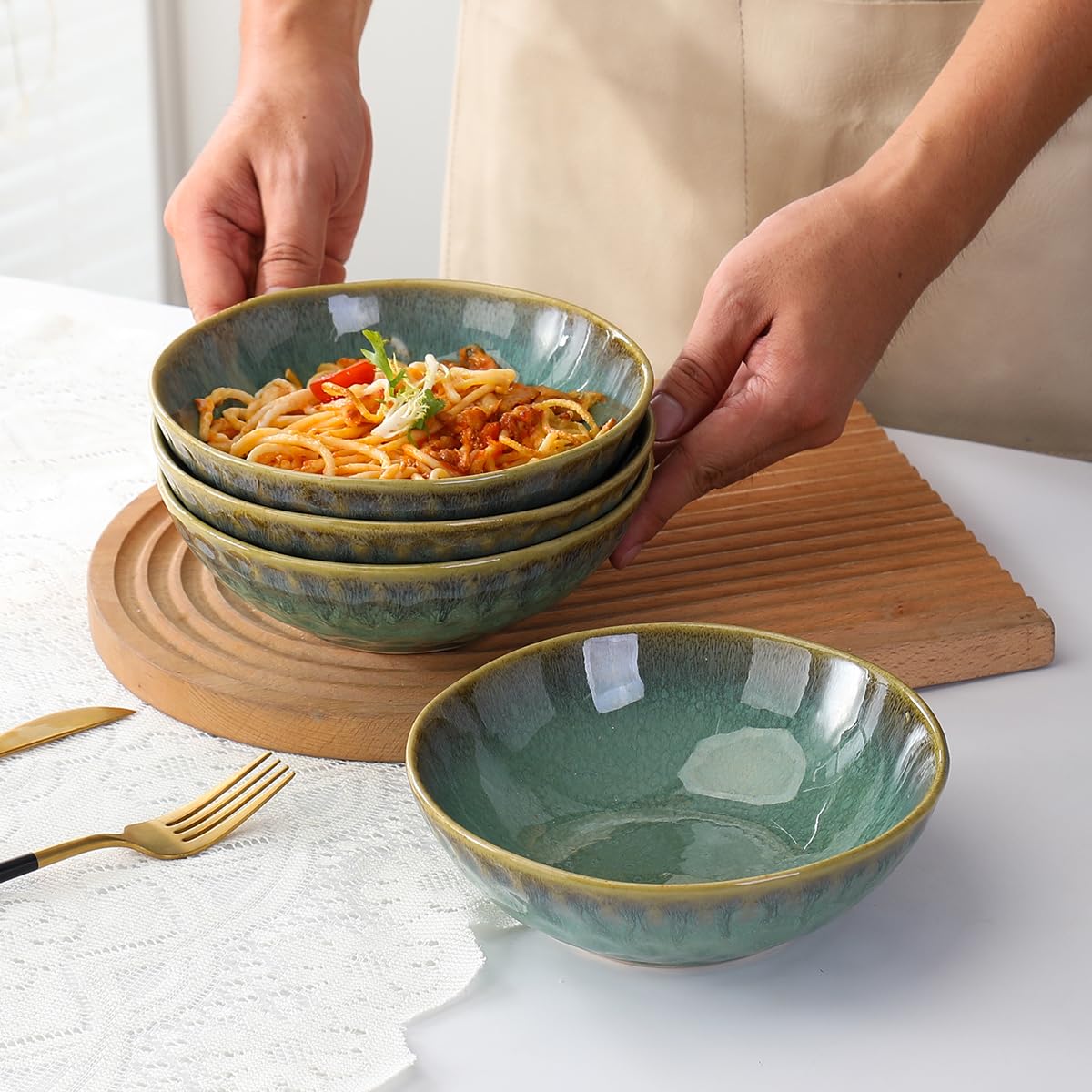 Henten Home Ceramic Cereal Bowls – 25oz Retro Green Stoneware Set of 4