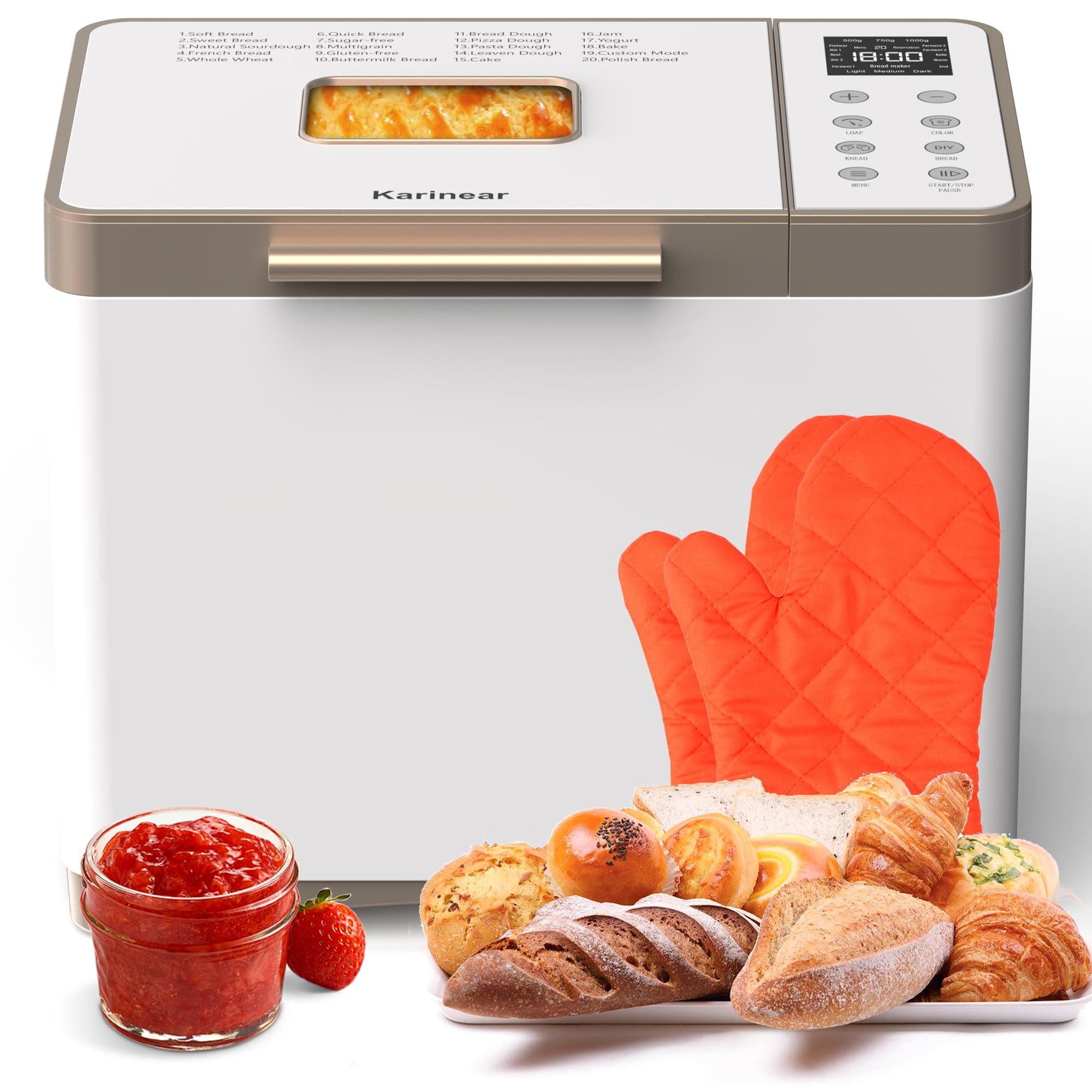 Karinear 2LB Stainless Steel Bread Maker - 20 Preset Functions