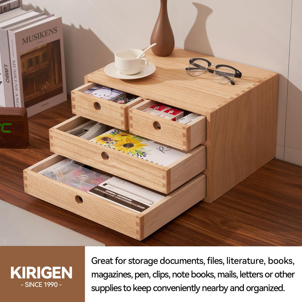 KIGIREN Wooden Desktop Organizer | 4-Drawer Solid Wood Office Storage Box