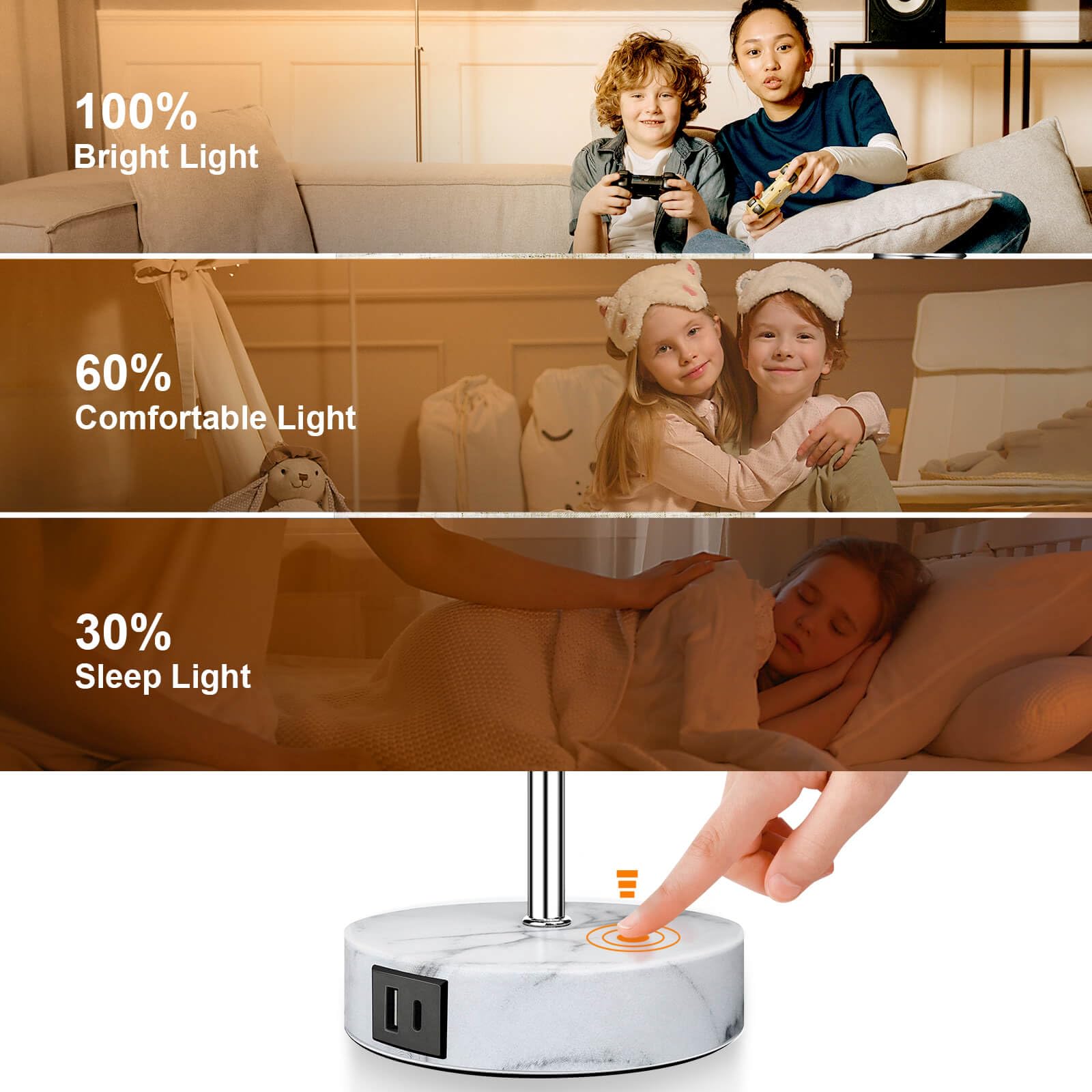 Wondlumi Bedside Lamps Set of 2 | 3-Way Touch Dimmable USB Table Lamp
