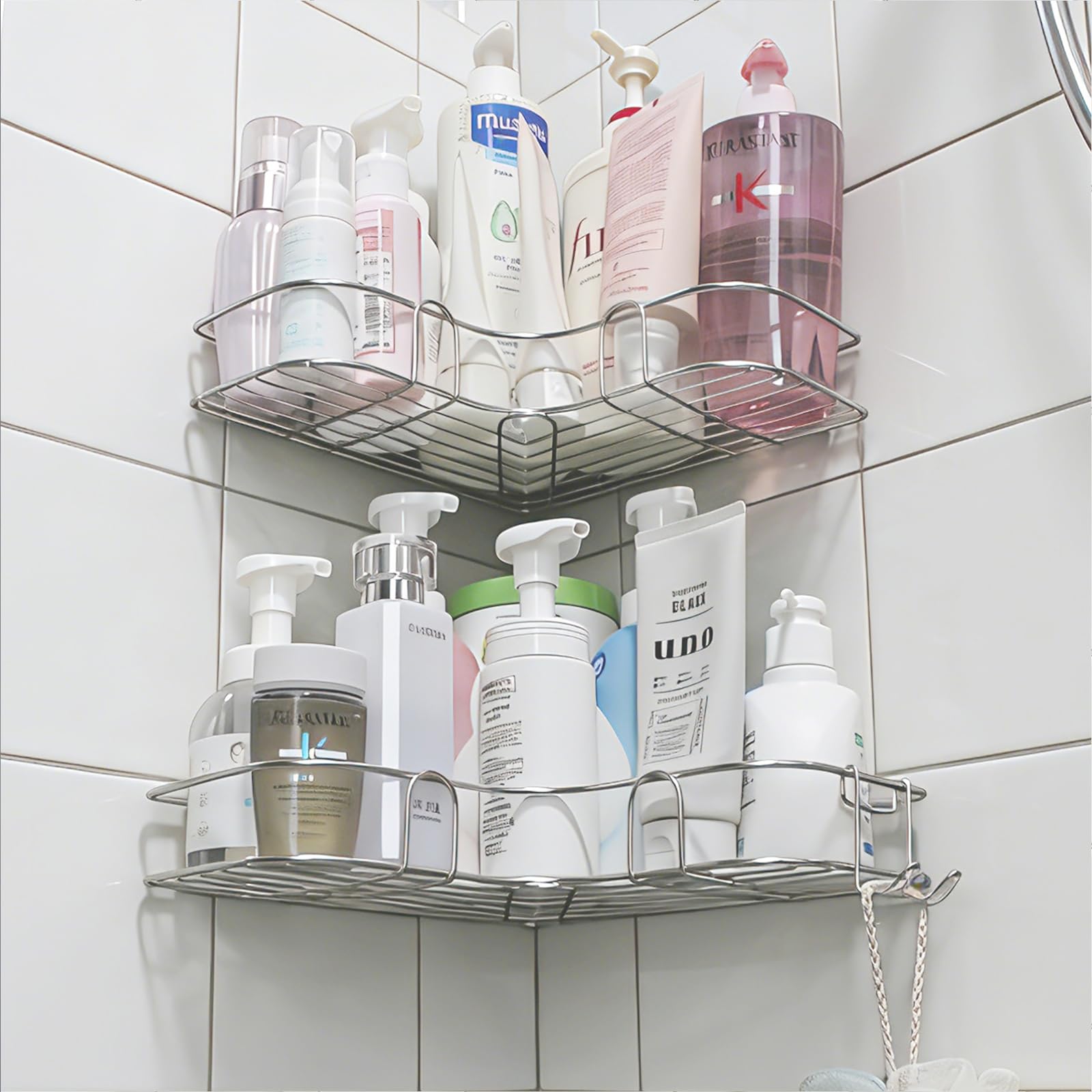 Poywaze Shower Corner Caddy – Adhesive Stainless Steel Organiser (Set of 2)