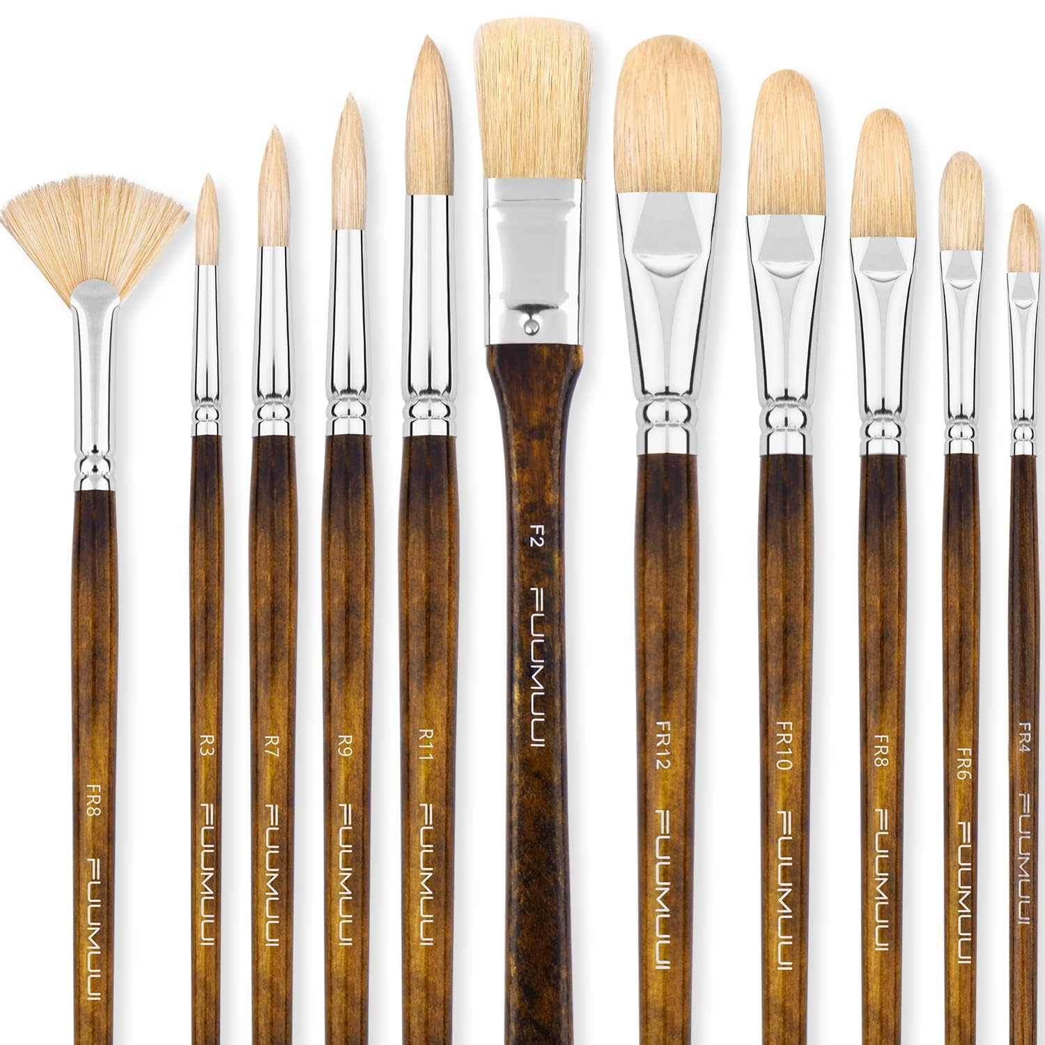 Fuumuui 11PCS Hog Bristle Oil Paint Brush Set for Acrylic & Gouache