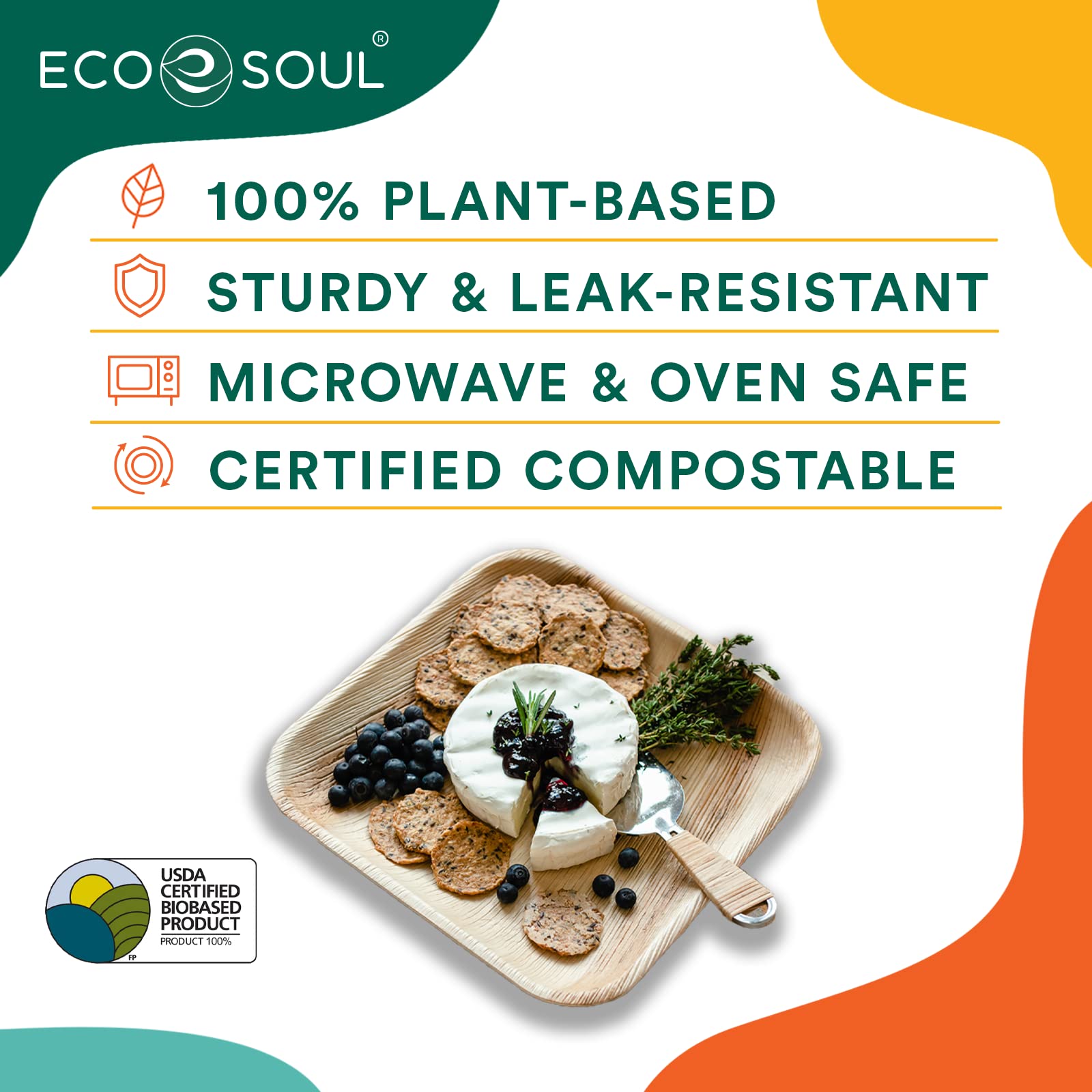 Eco Soul 100-Pack Palm Leaf Plates | 10-Inch Square Compostable Plates