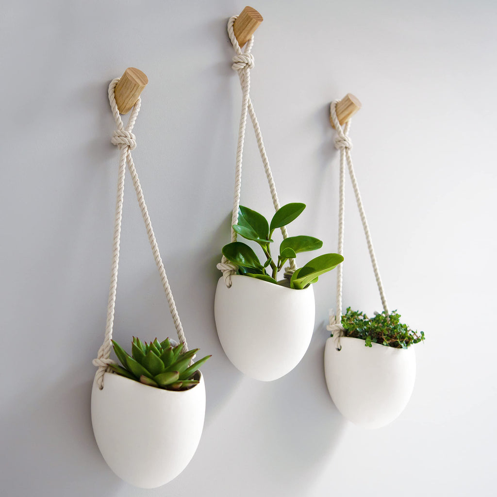 Kazai Porcelain Wall Vases - 3 Piece Set with Wooden Hooks - Matte White