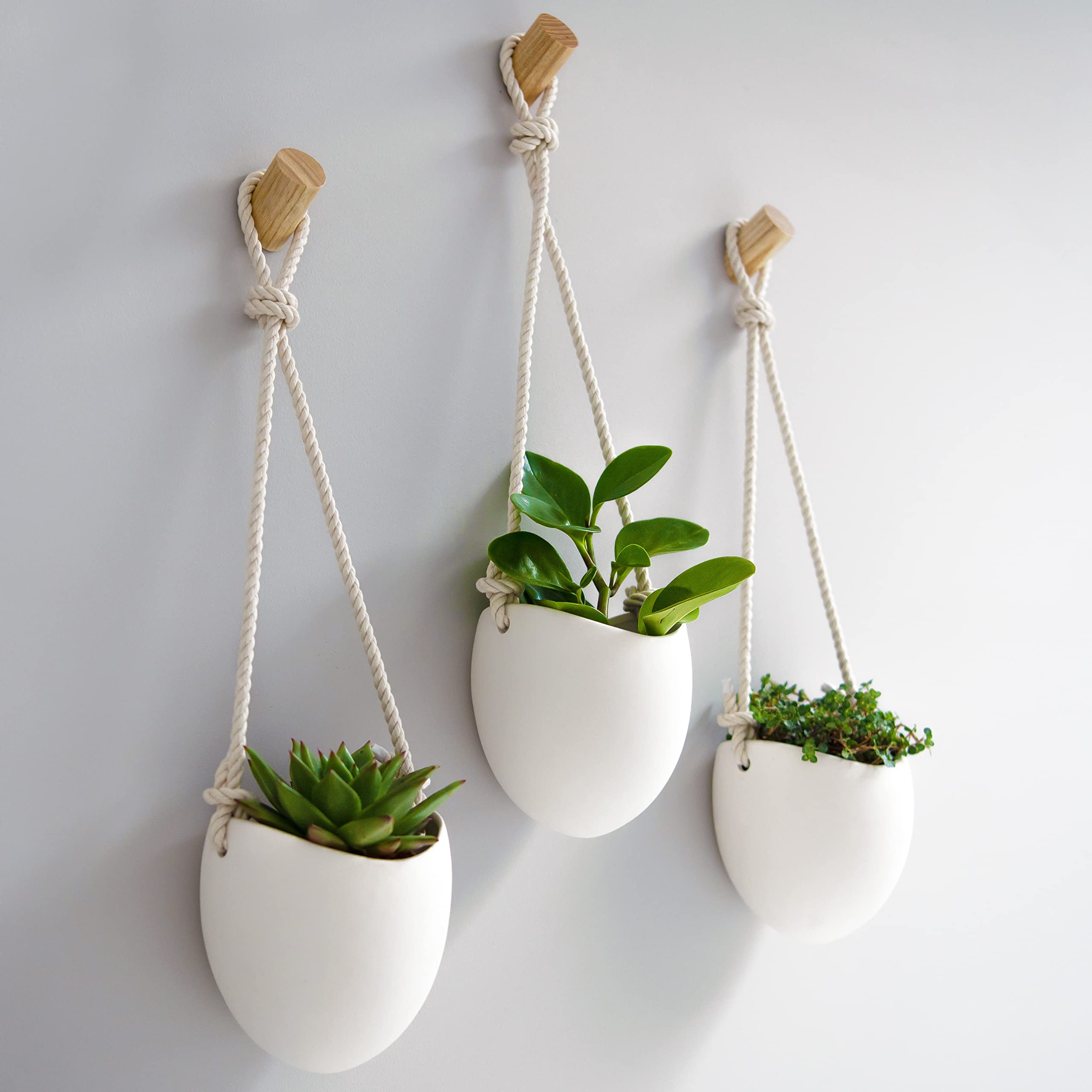 Kazai Porcelain Wall Vases - 3 Piece Set with Wooden Hooks - Matte White
