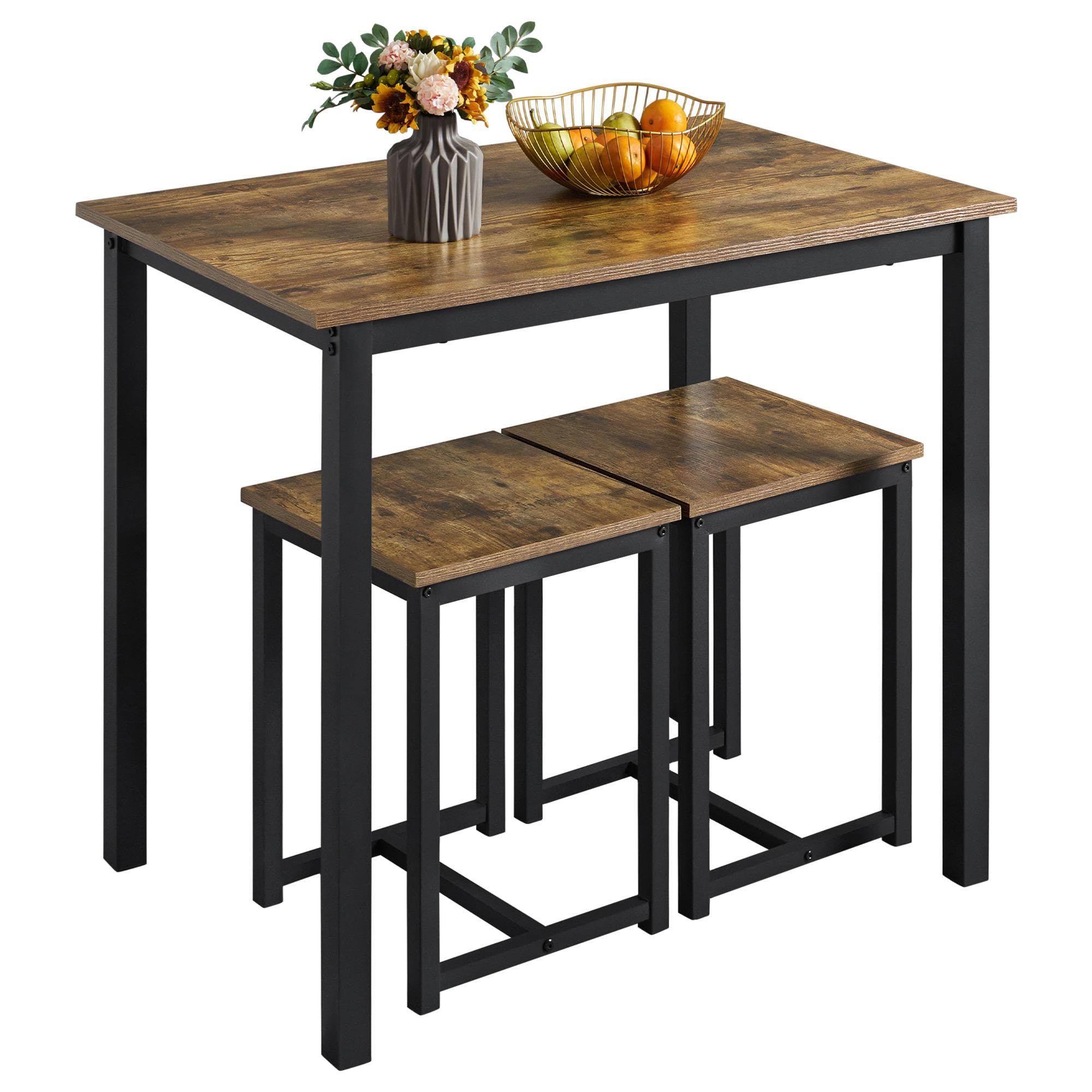 Yaheetech 3-Piece Industrial Dining Table Set with 2 Stools - Rustic Brown