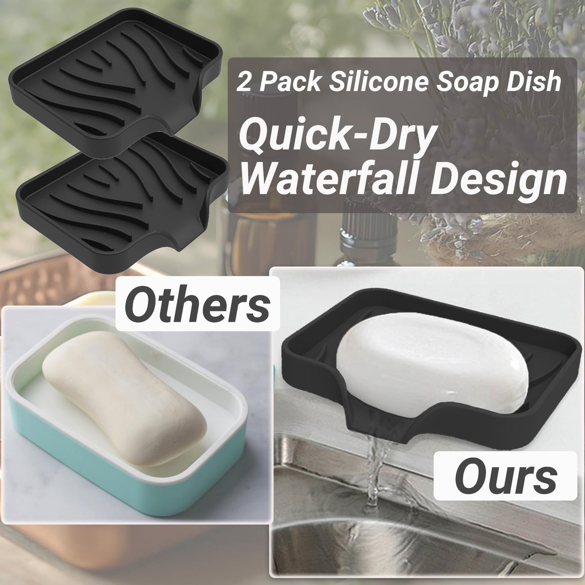 Penbin 2 Pack Silicone Soap Dish with Drain, Bar Soap Holder for Shower & Bathroom, Self Draining Waterfall Soap Tray for Kitchen Sink - image 2