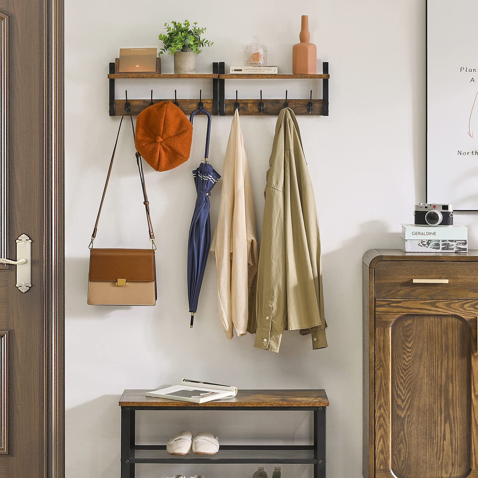 YMYNY Wall Mounted Coat Rack Shelf Set of 2 – Rustic Brown Entryway Hooks