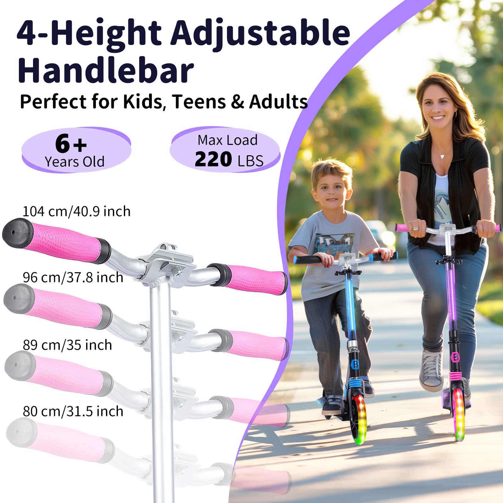 BELEEV V8 Folding Scooter with Light-Up Wheels & Deck for Kids and Adults