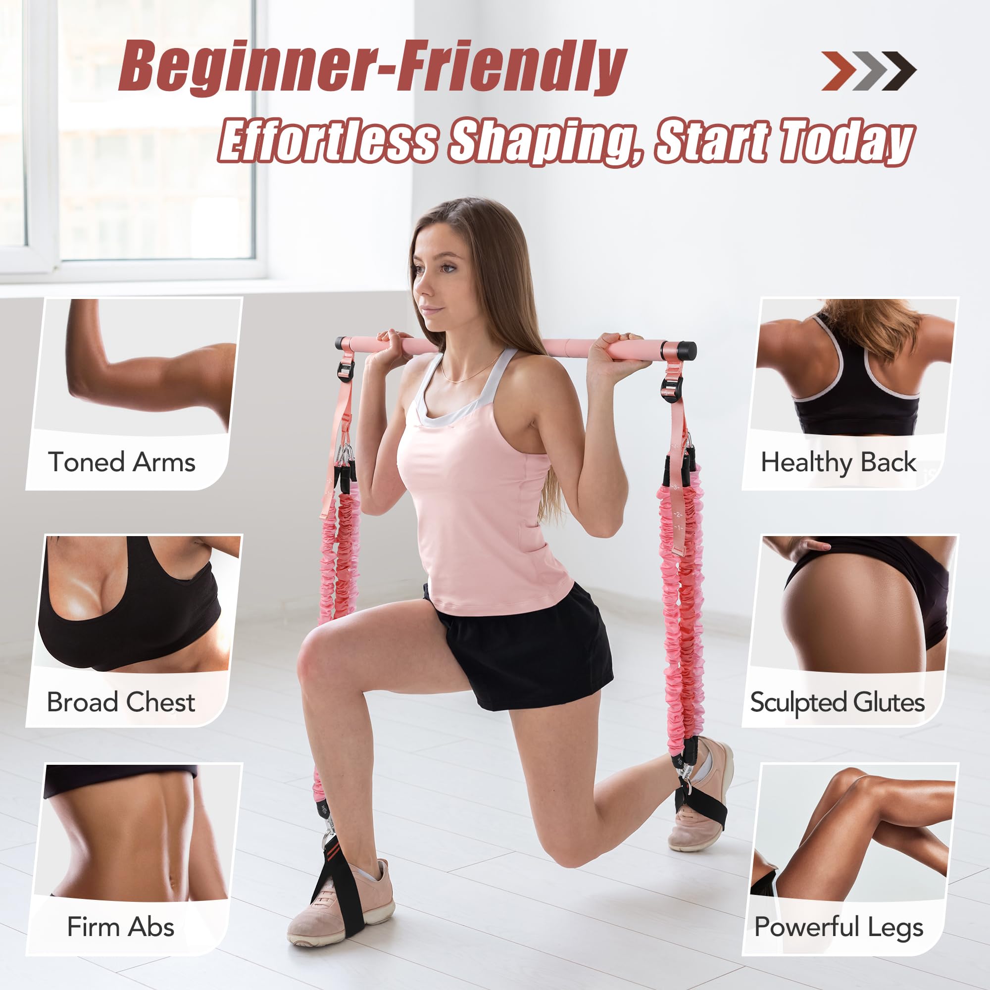 ALongSong Pilates Bar Reformer with 6 Resistance Bands - Coral Pink