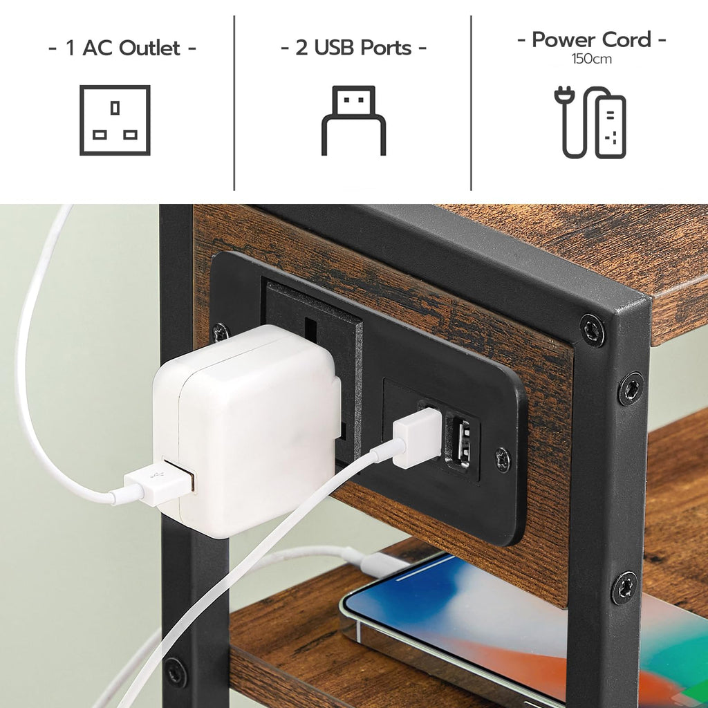 HOOBRO Slim Side Table with Charging Station | 3-Tier Narrow End Table