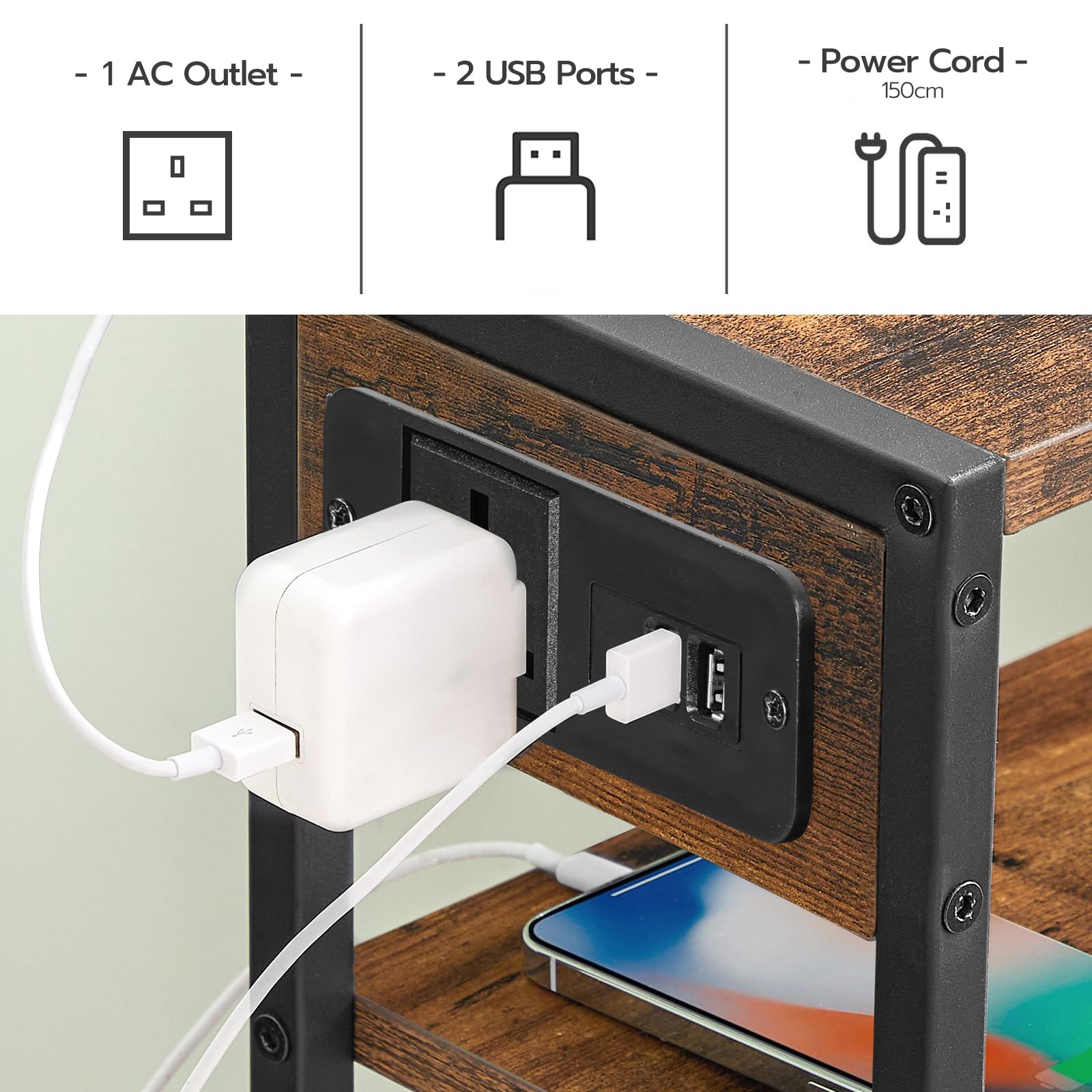 HOOBRO Slim Side Table with Charging Station | 3-Tier Narrow End Table