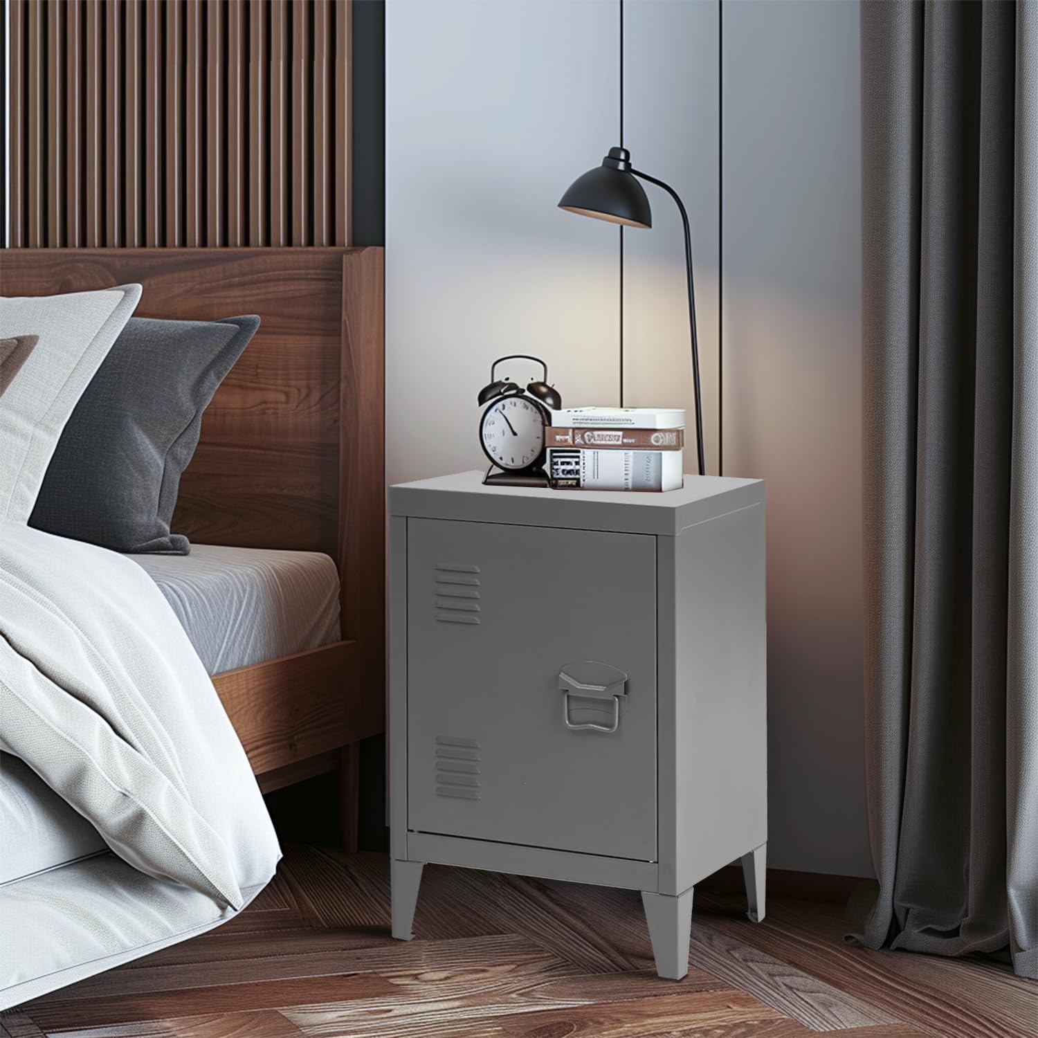 FurnitureR Metal Locker Nightstand – Grey Modular Storage Cabinet with Legs