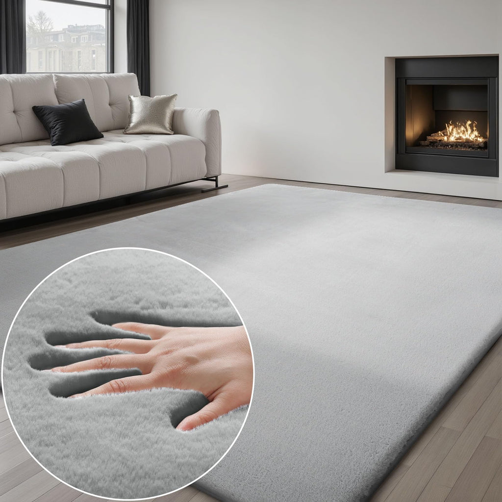 Grey Faux Rabbit Fur Area Rug – Non-Slip Washable Carpet