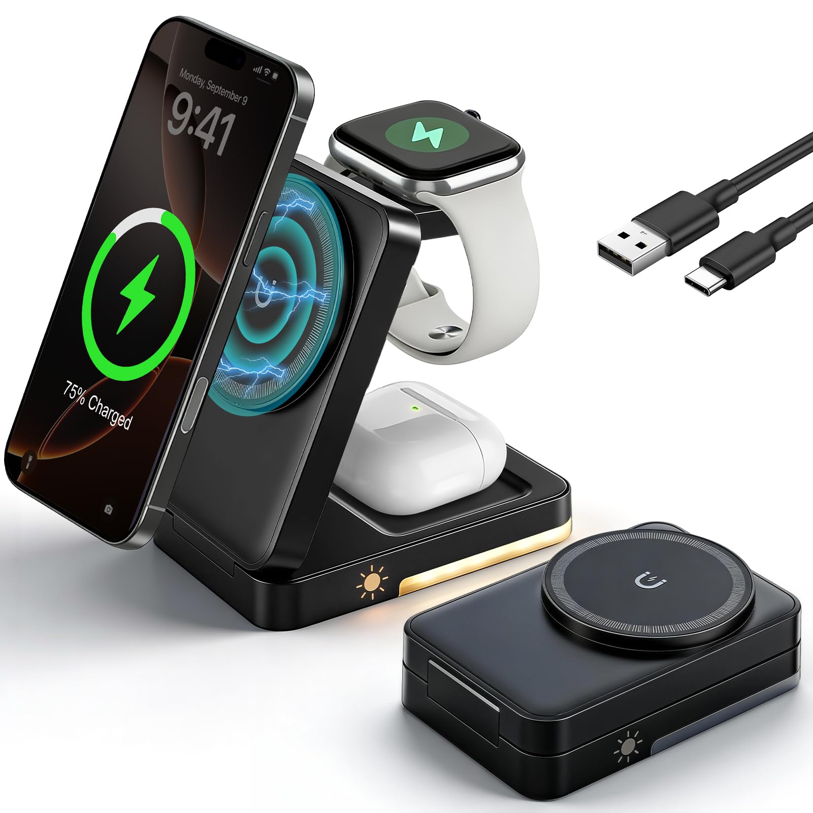 Jolof Store 3-in-1 Magnetic Wireless Charger Station with Night Light