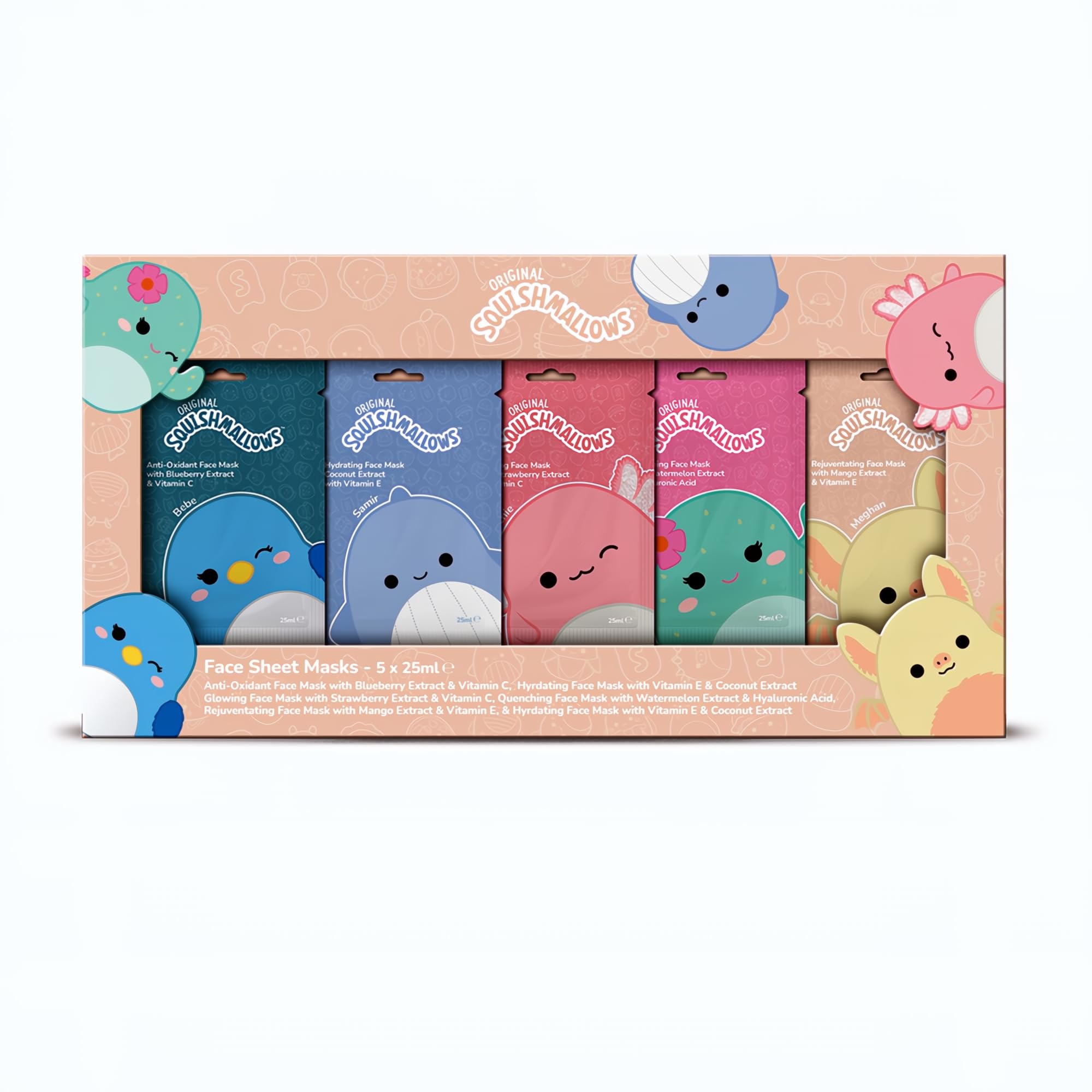 Squishmallows Face Sheet Mask Set – 5 Pack Fruity Hydrating Skincare Gift
