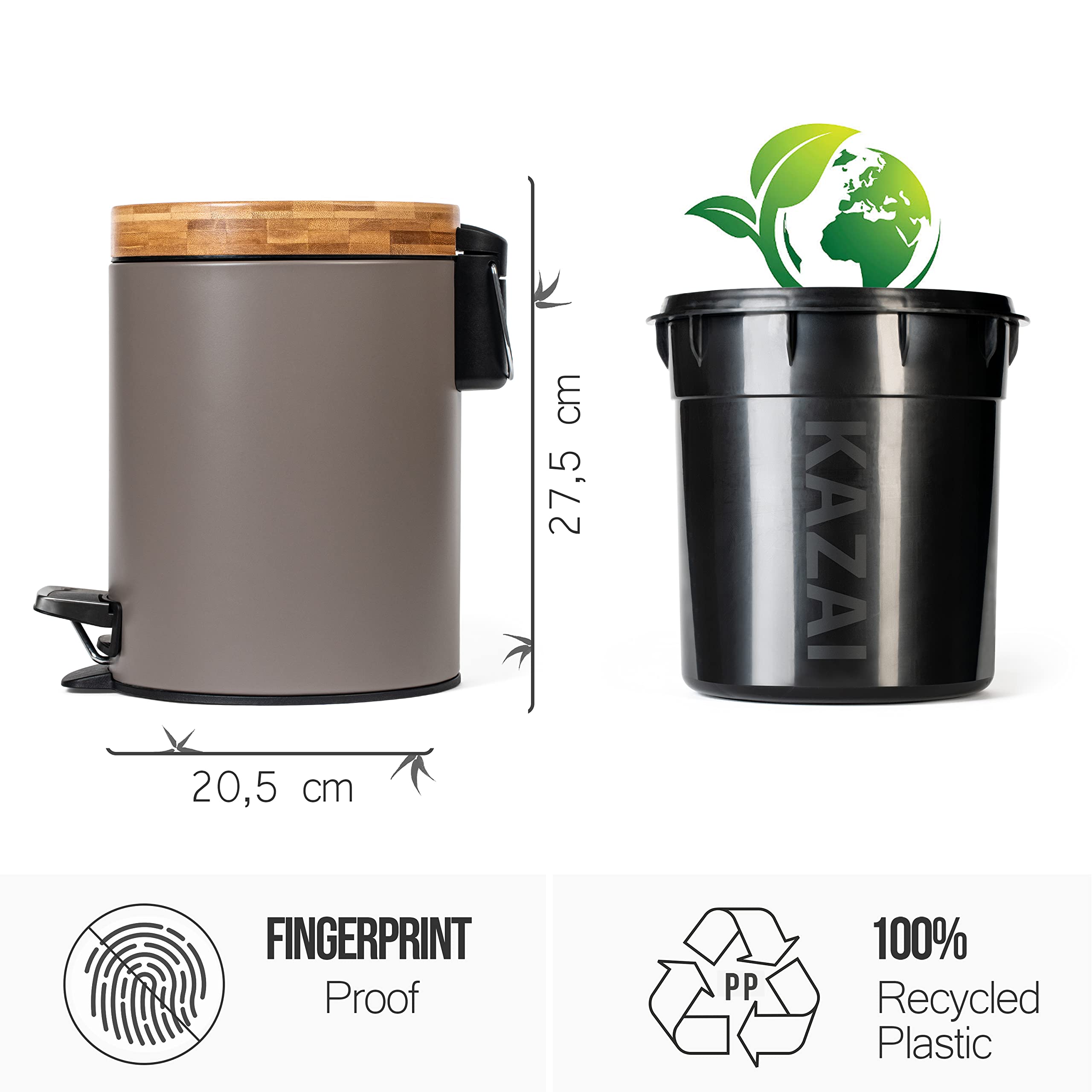 Kazai 5L Bathroom Bin | Soft Close Bamboo Lid Wastebin – Taupe